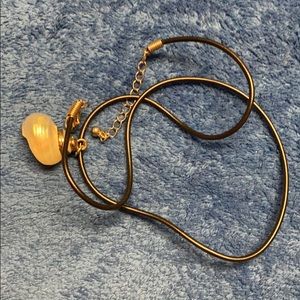 A beautiful iridescent shell&black rubber cord.